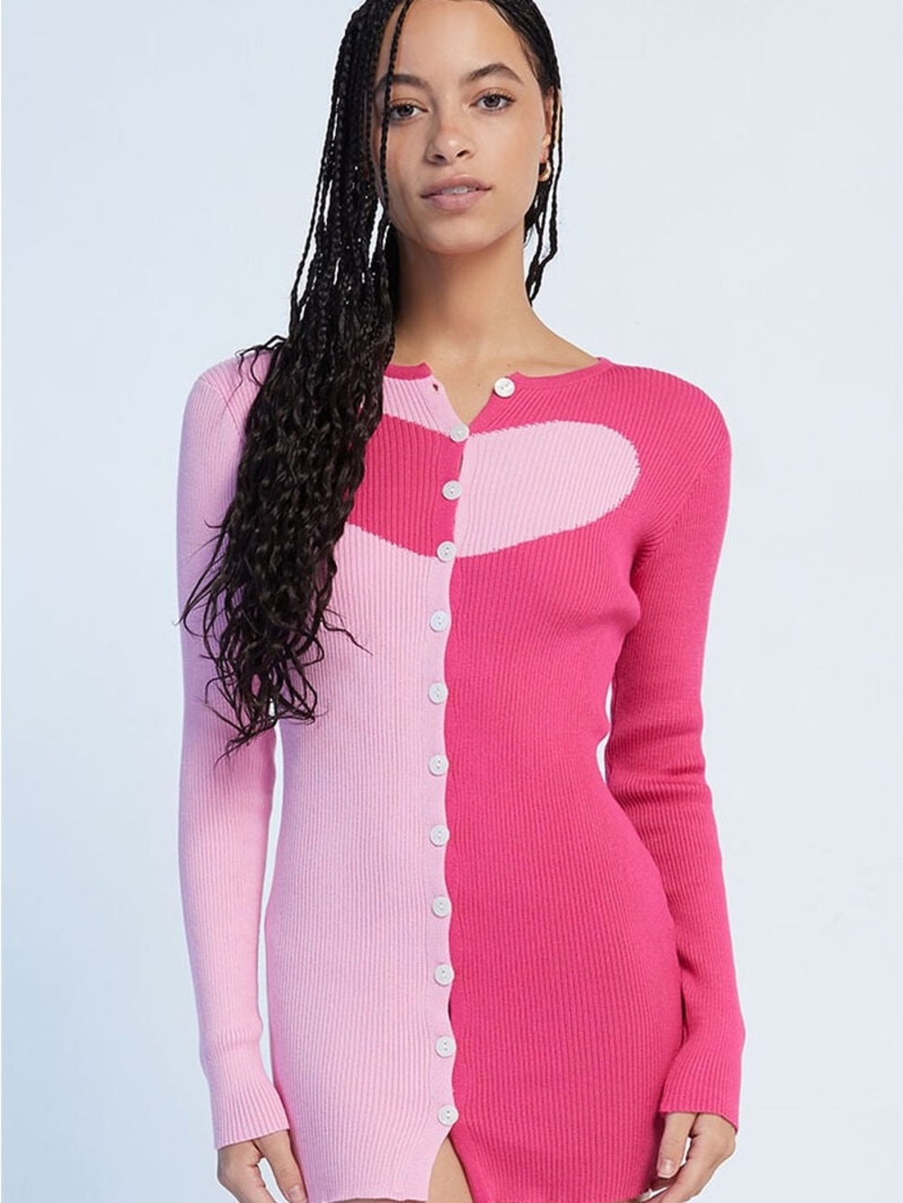 Daisy street Heart Ribbed Button-Front Sweater Dress - Pink
